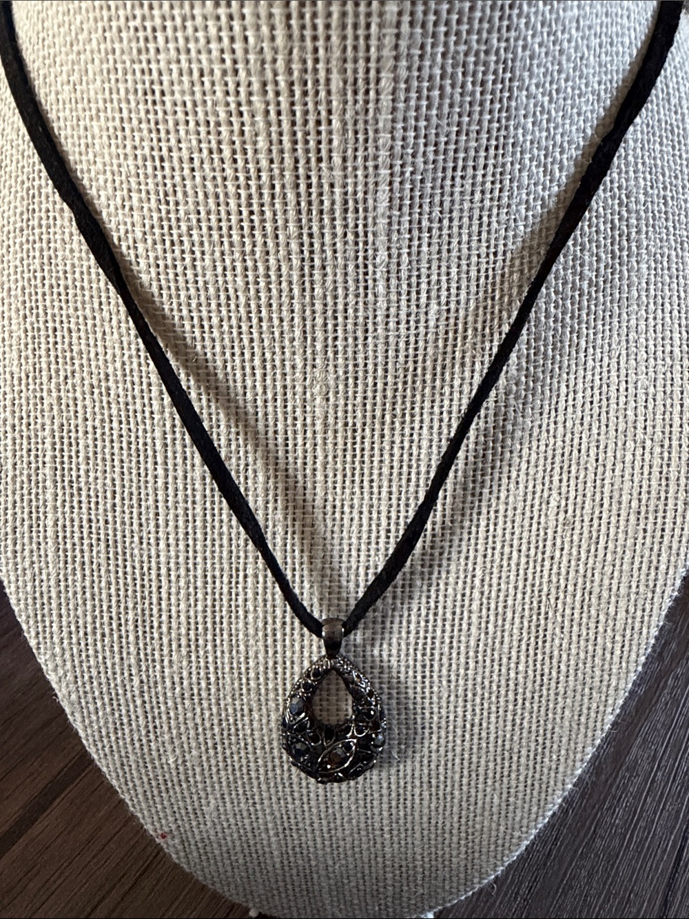 Lia Sophia Black Cord Pendant Necklace with Filigree Teardrop